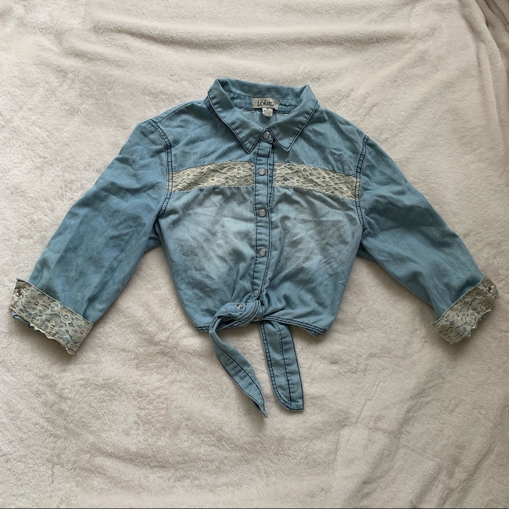 Lacey Denim Cropped, Tie-Front Top